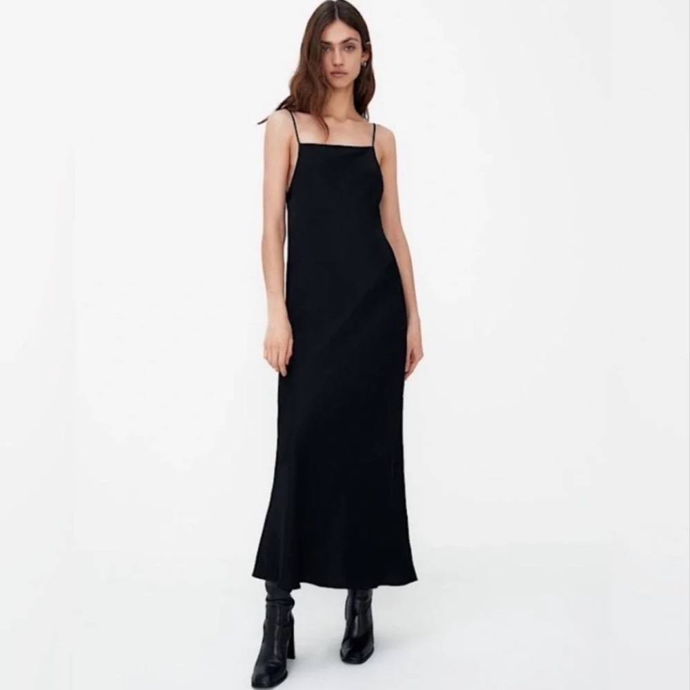 ZARA BLACK SATIN MIDI SLIP DRESS M